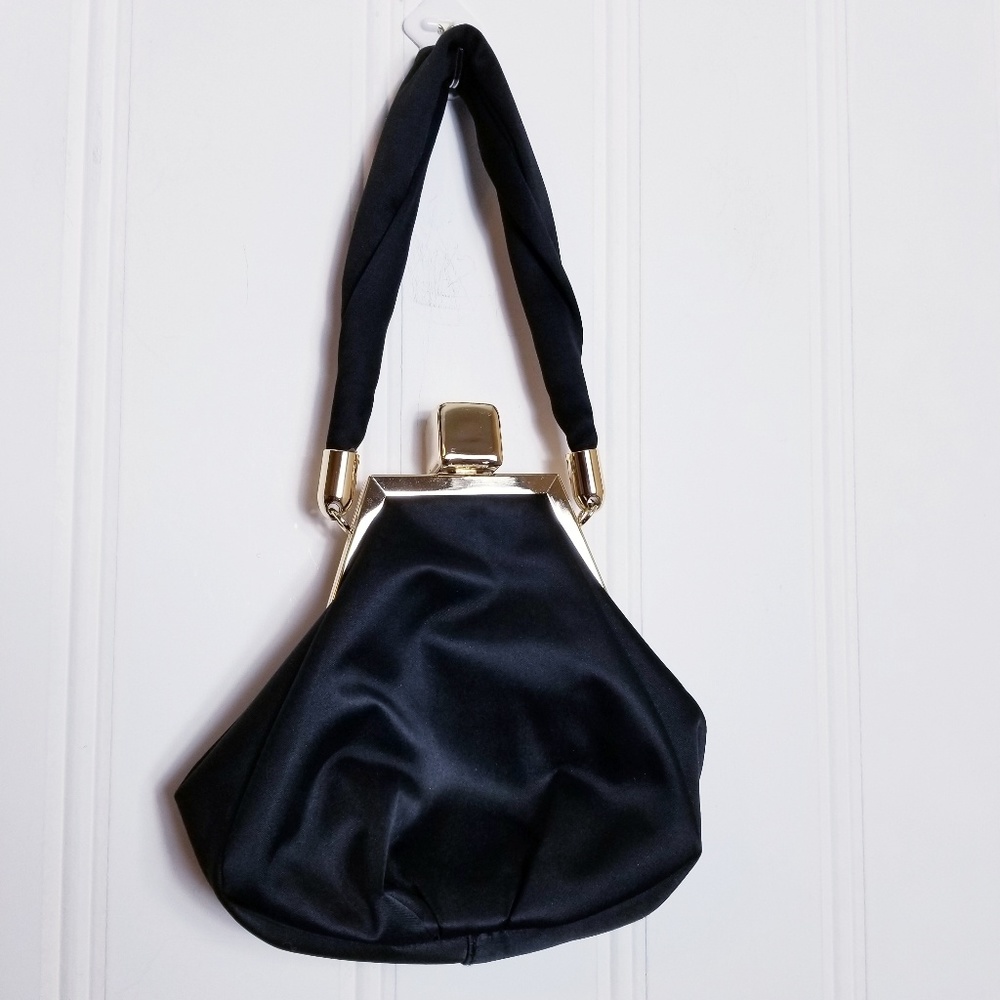 Elegant Black Satin Mini Bag with Gold Frame